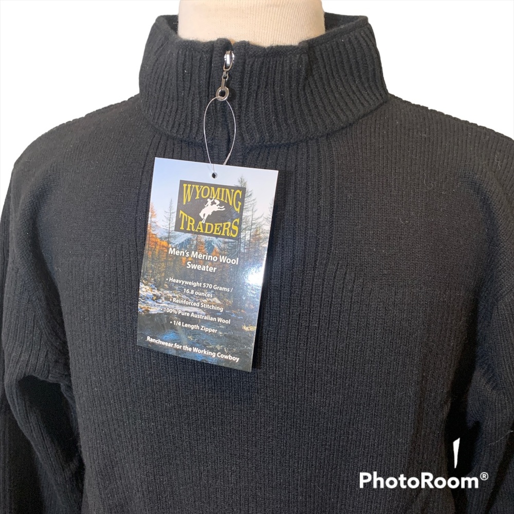 Wyoming Traders Mens Australian Merino Wool 1/4 Zip Sweater- Black